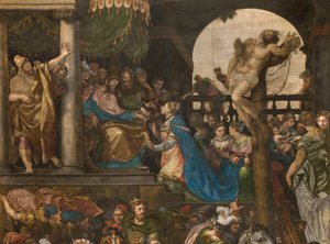 Stěna naproti protifasádě jižní příčné lodi, Giuseppe Campi, Triumph of Mordecai 1567, Detail vysoká část od Giulio Campi
