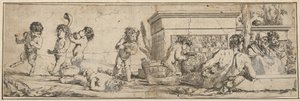 Bakchanal s dětskými satyry a putti vlevo, nahá mužská postava ležící před..., 1633-78.
