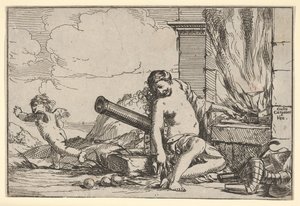 Oheň, reprezentovaný Venuší sedící před Vulkánskou kovárnou, s brněním, kanónem a kanónem..., 1640-60.