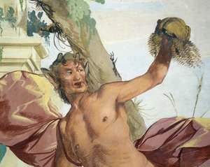 Nymph Corsica pronásledovaný Satyrem, který si stahuje paruku Giulio Carpioni