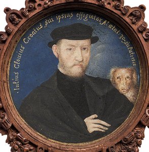 Autoportrét se psem, 1528 od Giulio Clovio