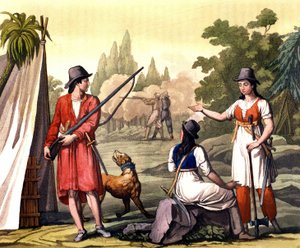 Bukanýři a ženy flibustier: pirát Jack Rackham říká, že The Red nebo John Rackham, lépe známý jako Calico Jack (? -1720), reprezentovaný Anne Bonny (Bonney) a Mary (Marc) Read v Západní Indii. Talíř převzat z ""Starý a moderní kostým"" od F
