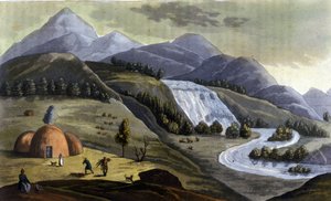 Krajina Laponska (území patřící Norsku, Švédsku, Finsku a Rusku), obydlí domorodých (Sámů) v „“Starém a moderním kostýmu““ od Ferrario, ed. Milán