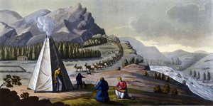 Sámská krajina: domorodí obyvatelé žijící v zemích severních zemí (Norsko, Finsko, Švédsko a Rusko) vyrábějící proutěné košíky, čištění ryb u stanu. v ""Starý a moderní kostým"" od Ferrario, ed. Milán