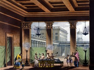 Triclinium zapálené olejové lampy ve starověkém Řecku: banketová scéna - ve starém a moderním kostýmu od Julese Ferraria, ed. Milán