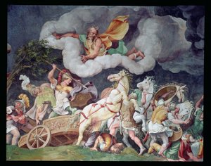 Achilles vláčí tělo Hektora na svém voze, detail ze stropu Sala di Troia, kolem roku 1538 od Giulio Romano