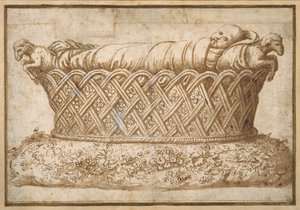 Design pro dětskou hrobku (pero a hnědý inkoust s hnědým praním na papíře) od Giulio Romano