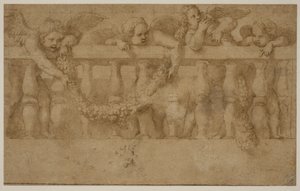 Čtyři okřídlení putti zdobící balustrádu s girlandami od Giulio Romano