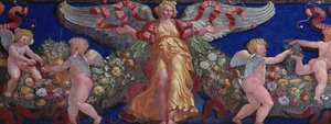 Vlys z Camera con Fregio di Amorini Komnata Amor Vlysový detail anděla ve zlatých šatech s roztaženými křídly, freska z 20. let 16. století od Giulio Romano