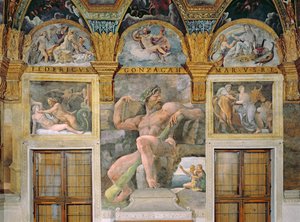 Olympia svedena Jupiterem, Polyphemus střežící Acis a Galateu, Pasiphae vstupující do krávy postavené Daedalem ze Sala di Amore e Psiche od Giulio Romano