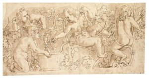 Putti sbírá hrozny: Design pro vlys od Giulio Romano