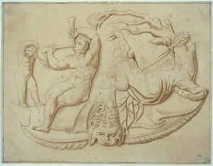 Satyr se dvěma dýmkami a Putto a žena beroucí nápoj ze stromu od Giulio Romano