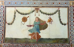 Camera con Fregio di Amorini Komnata Amora Frieze detail stropu zobrazující ženu držící mísu, freska z 20. let 16. století od Giulio Romano