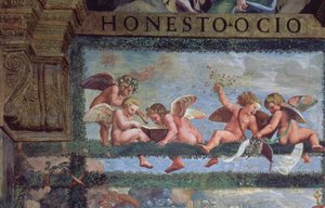 Rustikální hostina, detail muzicírujících putti, ze Sala di Amore e Psiche, 1528 detail fresky z 78428 od Giulio Romano