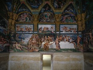 Svatební hostina nebo Banket bohů, freska Giulio Romano (1499-1546), západní stěna komory Amor a Psyché, Palazzo Te, Mantua (Seznam světového dědictví UNESCO, 2008), Lombardie, Itálie od Giulio Romano