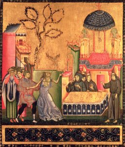 Oltářní obraz sv. Františka, detail zobrazující Zázrak posedlé ženy (tempera na panelu)