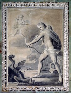 Apollon zabíjející hada Pythona (Monochromatická kresba od Giuseppe Bacigalupo