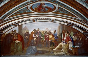 Galileo Galilei dit Galilee (1564-1642) demonstruje zákon týkající se pádu a gravitace. Galilee demonstruje zkušenost s nakloněným plánem během veřejné přednášky v Pise. Obraz Giuseppe Bezzuoli (1784-1855)