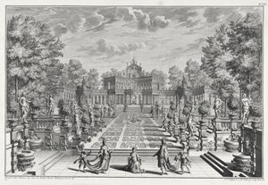 Prostředí pro operu v zahradě, od Architectus Theatralis Primarius, ryté Johannem Andreasem Pfeffelem (1674-1748), vydáno 1740 od Giuseppe Bibiena