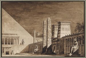 Scénický návrh k opeře Semiramide od Gioachina Rossiniho - Giuseppe Borsato (1771-1849). Pero, štětec, tuš na papíře