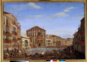 Návštěva Napoleona I. v Benátkách od 28. listopadu do 8. prosince 1807: Císař předsedající regatám na Canal Grande z balkónu paláce Baldi přijíždí ze závodu, 2. prosince 1807 Obraz Giuseppe Borsato (1771-1849). Slunce 1807. 0,65 x