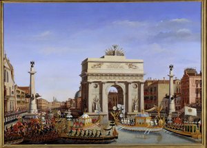 Návštěva Napoleona I. v Benátkách od 28. listopadu do 8. prosince 1807: vstup císaře v gondole na Grand Canal Průvod gondol. Obraz Giuseppe Borsato (1771-1849) 19. století Sun. 0,65x0,90 m. - Napoleonova návštěva Benátek od 28