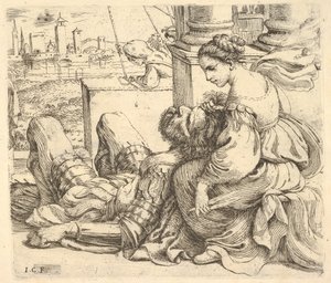 Dalila drží Samsonovy vlasy a nůžky, 1620-30.