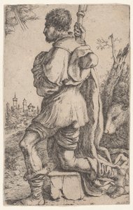 Svatý Roch, klečící na kameni, při pohledu ze strany se psem za zády..., 1620-30.
