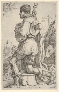 Svatý Roch, klečící na kameni, při pohledu ze strany se psem za zády a městy..., 1620-30.