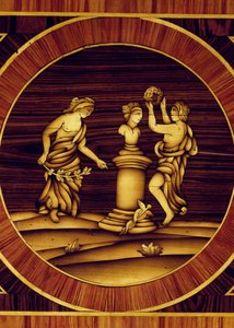 Smiřující rituál u Herma Merkura, detail z komody z ořechu, javoru, buxusu, olivy, růže a růžového dřeva, Giuseppe Maggiolini (1738-1814), Itálie