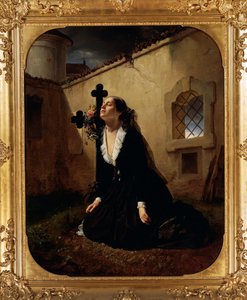 Naříkající nad ztrátou milované osoby nebo manželky plukovníka Manary u hrobu jejího manžela, Giuseppe Molteni (1800-1867), olej na plátně