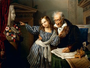 Stařec ukazuje Herm Maria Luigia své vnučce, Giuseppe Molteni, kolem roku 1830, olej na plátně