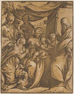 Panna a dítě se svatými od Giuseppe Nicolo Vicentino, after Camillo Boccaccino