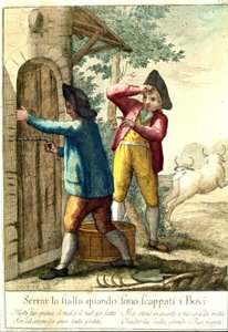 "Nemá smysl zavírat stáj, když koně utekli." Rytina z 18. století ilustrující řadu přísloví. Giuseppe Piattoli (1740/50-1818) od Giuseppe Piattoli