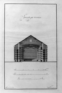 Architektonický pohár divadla La Scala od Giuseppe Piermariniho (1734-1808) kolem 1776-1778 Milán, Itálie (výřez architektury divadla alla Scala od Piermariniho, Milán, Itálie) Rytina od Giuseppe Piermarini
