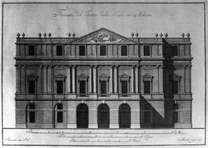Nákres vnější architektury fasády Teatro alla Scala (Theatre de la Scala) v Miláně realizovaný Giuseppem Piermarinim (1734-1808). od Giuseppe Piermarini
