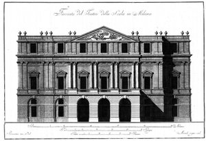 Nákres vnější architektury fasády Teatro alla Scala (Theatre de la Scala) v Miláně realizovaný Giuseppem Piermarinim (1734-1808). od Giuseppe Piermarini