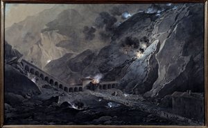 První italské tažení (1796-1797): “” Průchod francouzského dělostřelectva v noci pod pevností Bard, obsazenou Rakušany 21. května 1800”” Akvarelový kvaš od Giuseppe Pietro Bagetti (1764-1831) Ne. 1,04x0,74 m Versailles, Musee du Chateau - Jedle