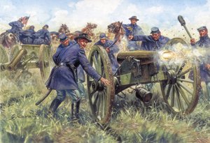 Americká občanská válka: Vojáci Severu (Unie) používající zbraň během bitvy - Ilustrace Giuseppe Rava od Giuseppe Rava