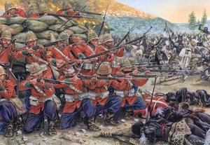 Anglo-Zulská válka: bitva u Rorkeho Driftu v lednu 1879 v Jižní Africe - Anglo-Zulská válka: bitva u Rorkeho Driftu v lednu 1879 - Ilustrace Giuseppe Rava