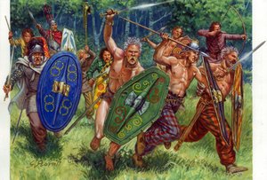 Antiquite: útok galských bojovníků, vlevo v švu - Galští bojovníci útočí, jeden z nich vlevo má na sobě řetězovou zbroj - Ilustrace Giuseppe Rava