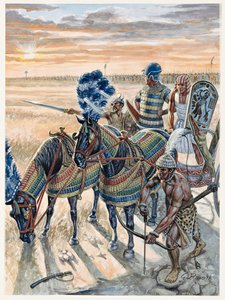 Egyptský starověk: vyobrazení faraona Ramsese II (1304-1213 př. n. l.) s jeho armádou - Faraon Ramses II (1303 př. n. l.-1213 př. n. l.) a jeho armáda ve starém Egyptě - Ilustrace Giuseppe Rava od Giuseppe Rava