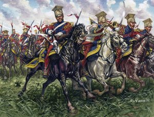 První císařství: Červený pluk kopiníků nebo pluk jízdních legionářů císařské gardy během bitvy u Waterloo 18. 6. 1815 - První císařství: 2. pluk lehkých jízdních kopiníků císařské gardy (Červený pluk kopiníků nebo Rudí kopiníci) během bitvy u Wa od Giuseppe Rava