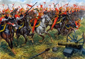 První císařství: 2. pluk jezdeckých kopiníků císařské gardy Napoleona I. v bitvě u Waterloo 18.6.1815 - První císařství: 2. pluk lehkých jezdeckých kopiníků císařské gardy Napoleona I. ve Waterloo 18. června 1815 - Illustratio od Giuseppe Rava