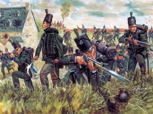 Napoleonská válka: Britští střelci z 95th Regiment of Rifliers brání pískový lom v bitvě u Waterloo 18/06/1815 - (Napoleonic wars: british riflemen defending a sand quarry during the battle of Waterloo on the 18th June 1815) Ilustrace: Giusep od Giuseppe Rava