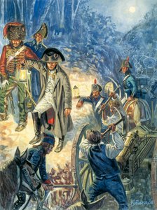 Prusko-polské tažení: Císař Napoleon I. (1769-1821) v předvečer bitvy u Jeny a Auerstaedtu 14. 10. 1805 - Císař Napoleon I. v noci před bitvou u Jeny-Auerstedtu (Jena Auerstedt) proti pruské armádě 14. října 1805 - Ilustrace od Giuseppe Rava