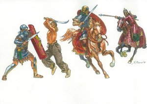 Římský legionář bojující s dáckým bojovníkem a římským jezdcem proti sarmatskému katafraktovi od Giuseppe Rava