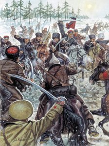 Ruská občanská válka (1917-1923): Ruská občanská válka: kozáci bojující proti bílé ruské armádě v roce 1919 - Ilustrace Giuseppe Rava od Giuseppe Rava