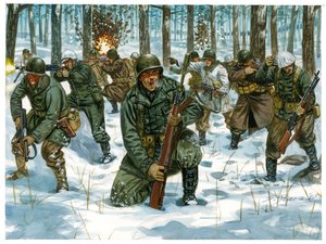 Druhá světová válka: Ofenzíva americké pěchoty v bitvě v Ardenách u Bastogne, prosinec 1944 - Druhá světová válka: americká ofenzíva během bitvy v Ardenách, prosinec 1944 - Ilustrace Giuseppe Rava od Giuseppe Rava