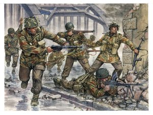 Druhá světová válka: Angličtí výsadkáři přezdívaní "Rudí ďáblové" během operace Market Garden v Holandsku v září 1944 - druhá světová válka: Ilustrace Giuseppe Rava: Operace Market Garden, britští výsadkáři známí jako "rudí ďáblové" v září 1944 - Ilustrace od Giuseppe Rava